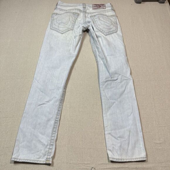 True Religion Jeans Men 28x31 Light Blue Straight Faded Flap Pockets Distressed - Picture 3 of 7